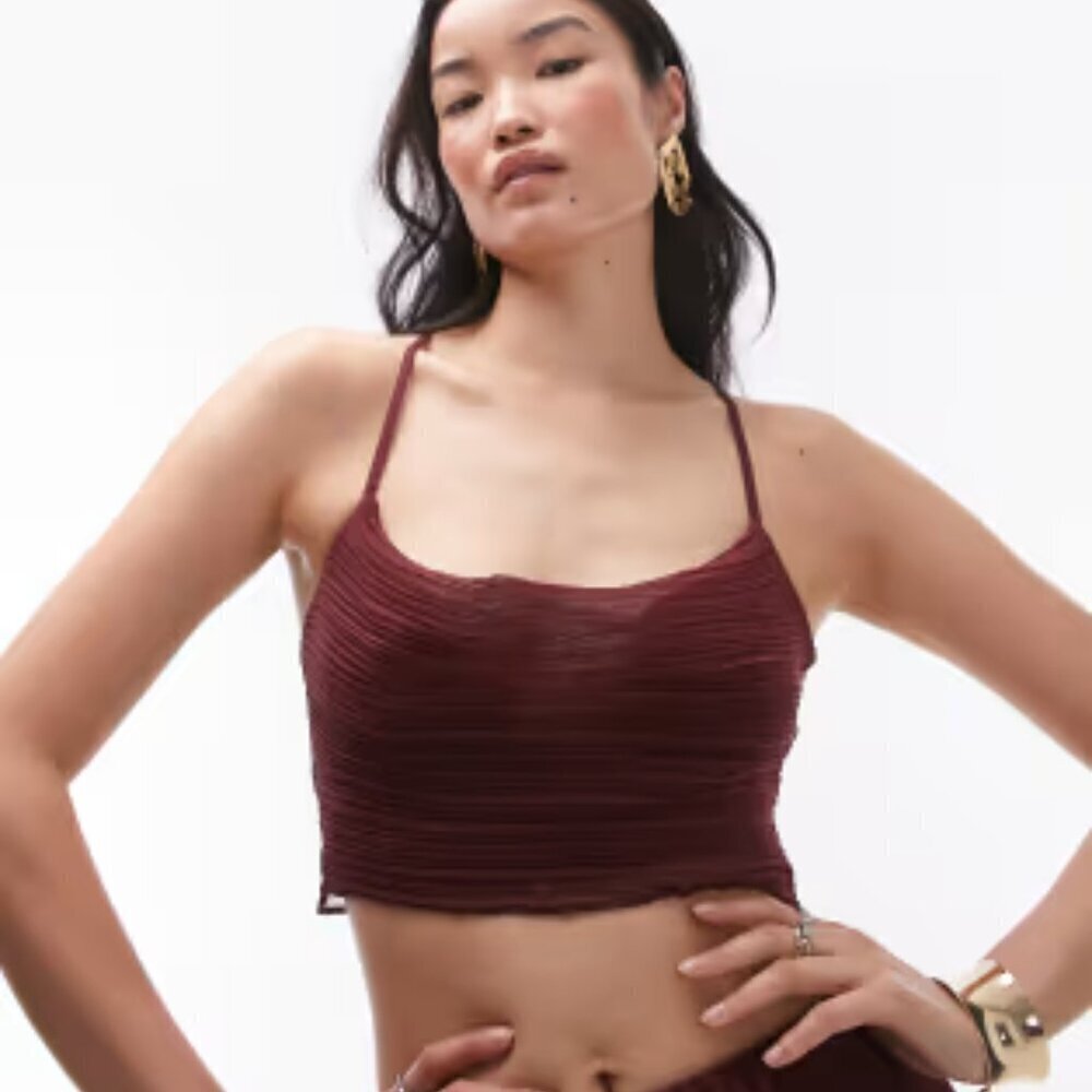 NWT ASOS Topshop co-ord plisse Cowl cropped Cami Maroon Multiple sizes